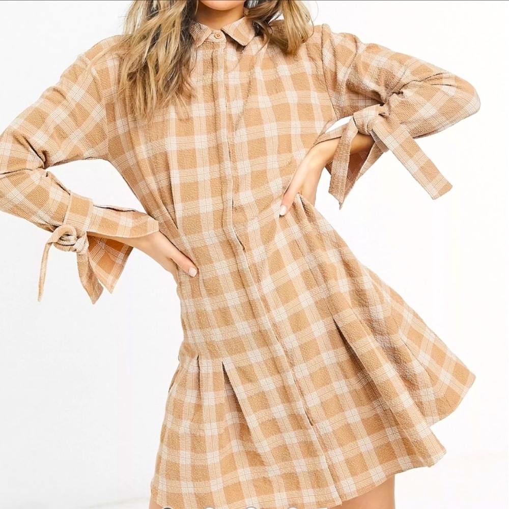 ASOS Tan Checkered Long Sleeve Dress
